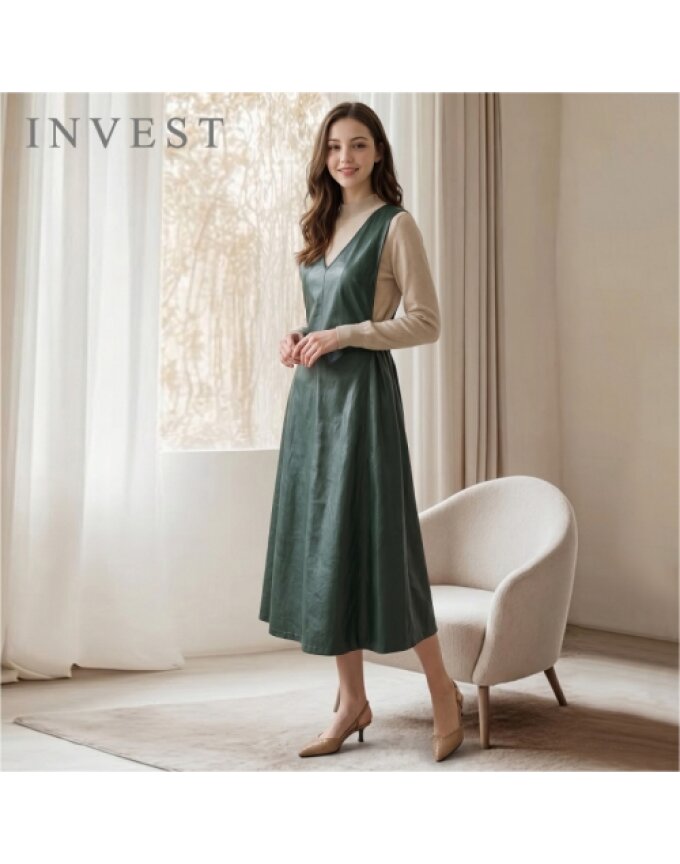 V넥 글로우 레자 원피스_INI6F1OP3041