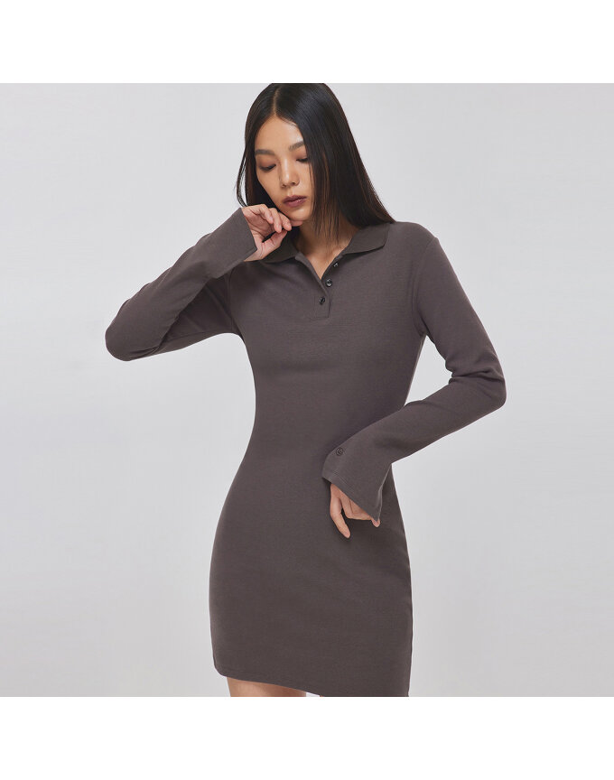 SLIT LONG SLEEVE POLO DRESS_T326DS500