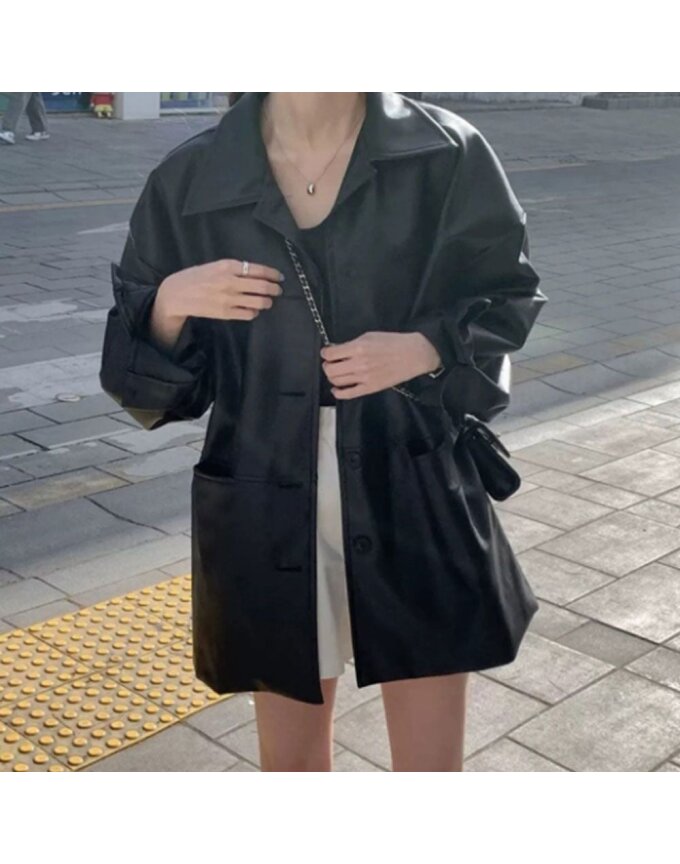 여성 간절기 오버핏 하프 레더 가죽 자켓 WON-WJK-WEA9EEB