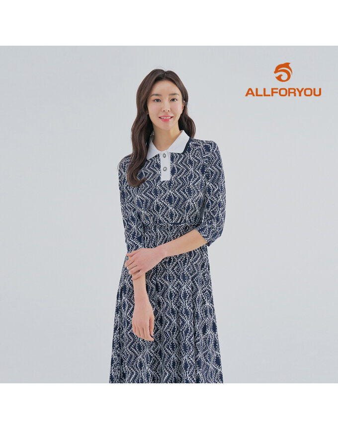 [올포유] [모델착장] 여성 니트 카라 프린트 7부 롱원피스 ALONM4431-915