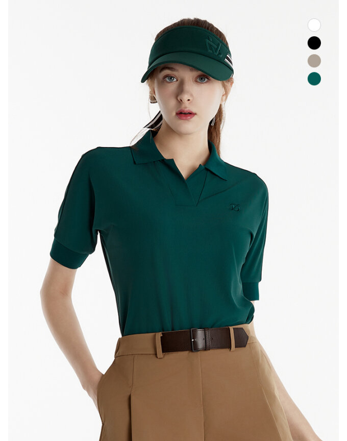 듀빅 여성 가오리핏 오픈카라 반팔티셔츠 DE1WTS112