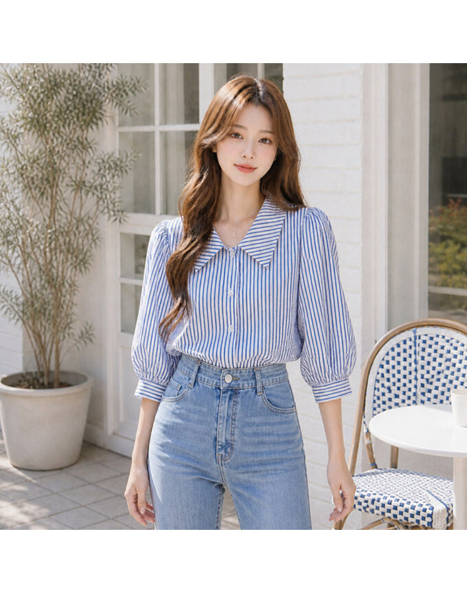 [귈림] 스트라이프 빅카라 퍼프 5부소매 블라우스(G6MBL061P)
