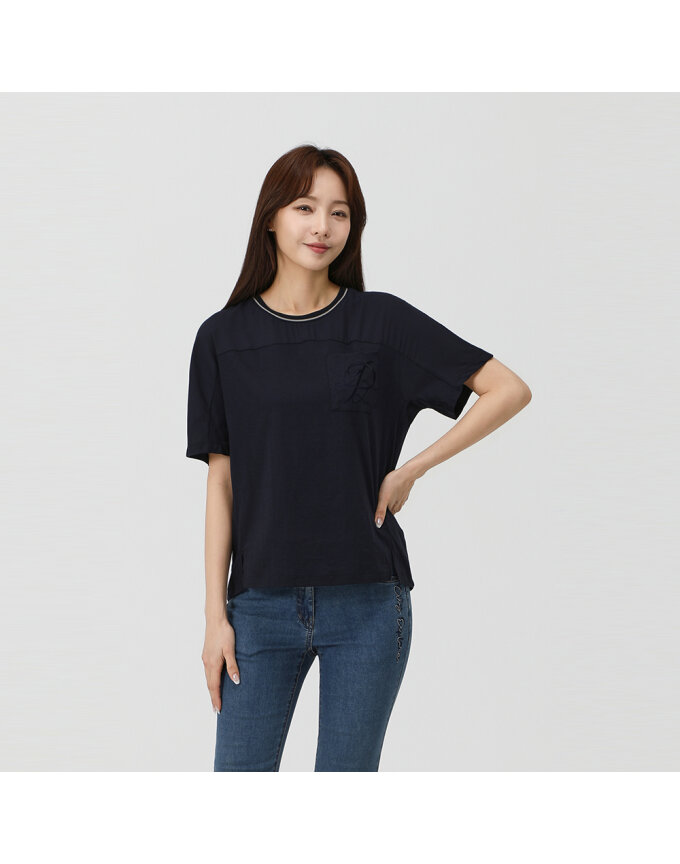포켓 자수 쉬폰 배색 티셔츠_1K45306