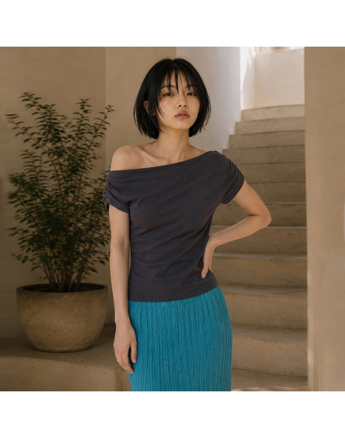 RELAXED FIT SHIRRED DROP SHOULDER TOP_T516TP111