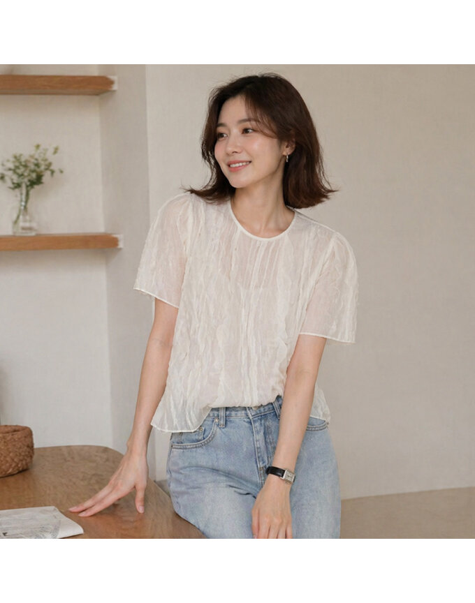 [예쎄] 프릴장식 반시스루 반팔 블라우스(S5MBL133A)