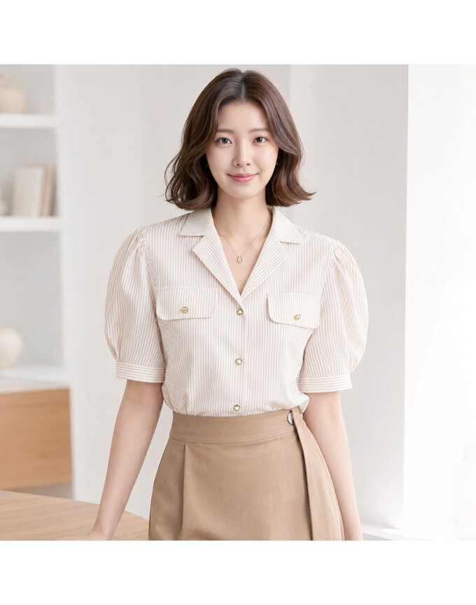 [예쎄] 브이넥 스트라이프 반팔 블라우스(S3MBL085A)