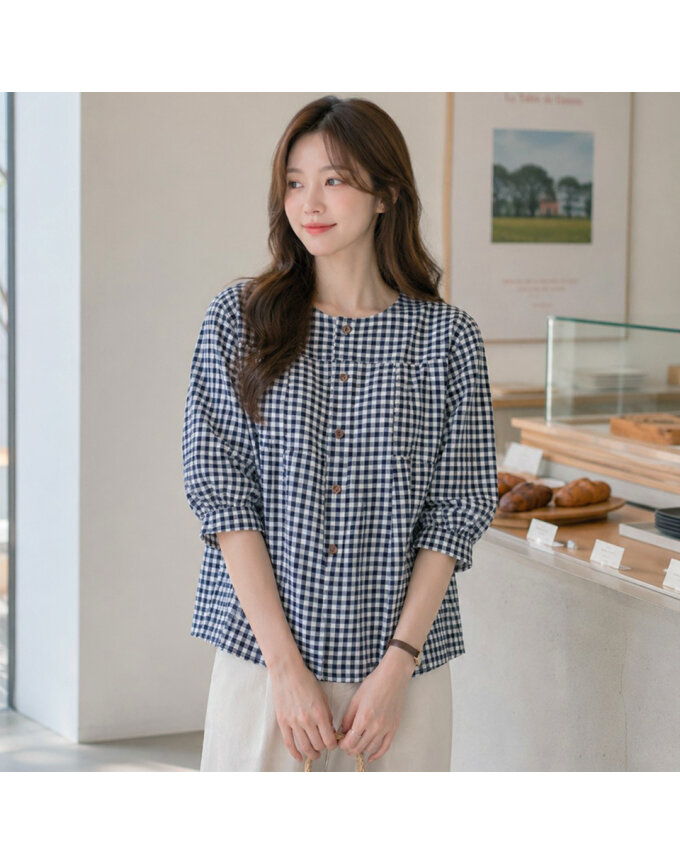 [귈림] 깅엄체크 스퀘어넥 퍼프 블라우스(G6MBL108P)