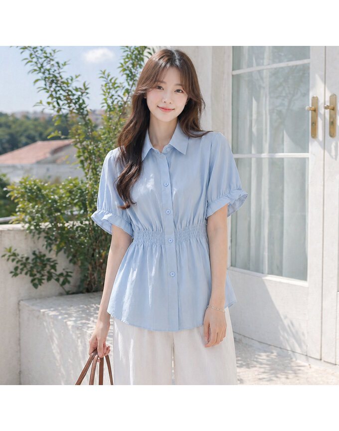 [귈림] 허리 밴딩 셔링 반팔 셔츠 블라우스(G6MBL046P)