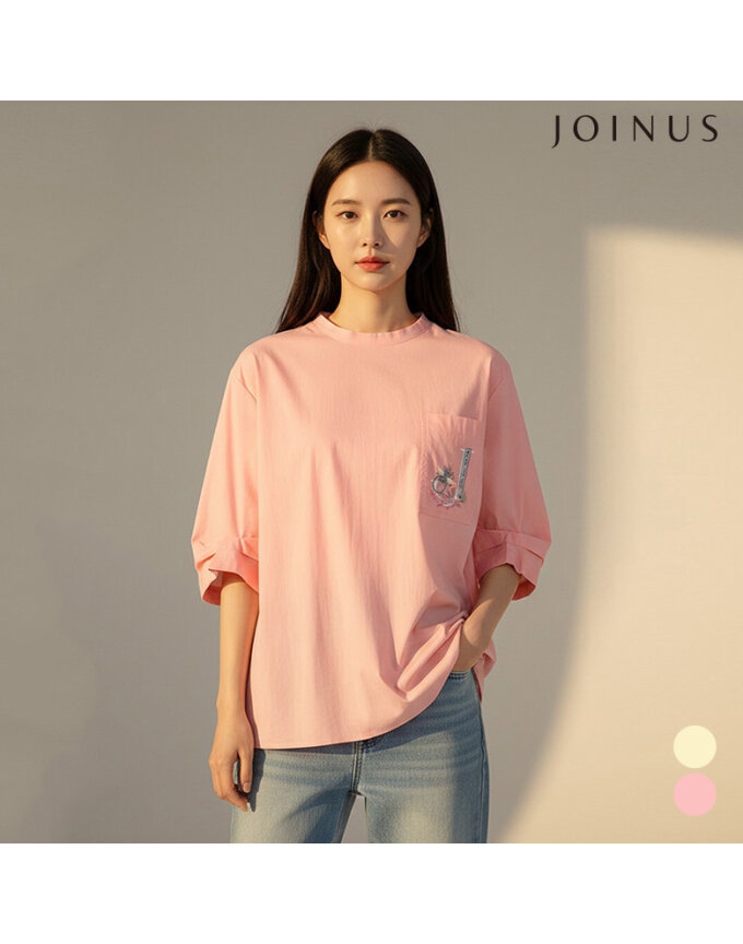 포켓 자수 포인트 반팔 블라우스_JABU5-WRB360