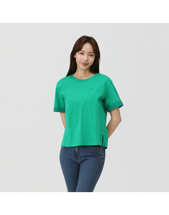 우븐 배색 자수 포인트 티셔츠_1K45305