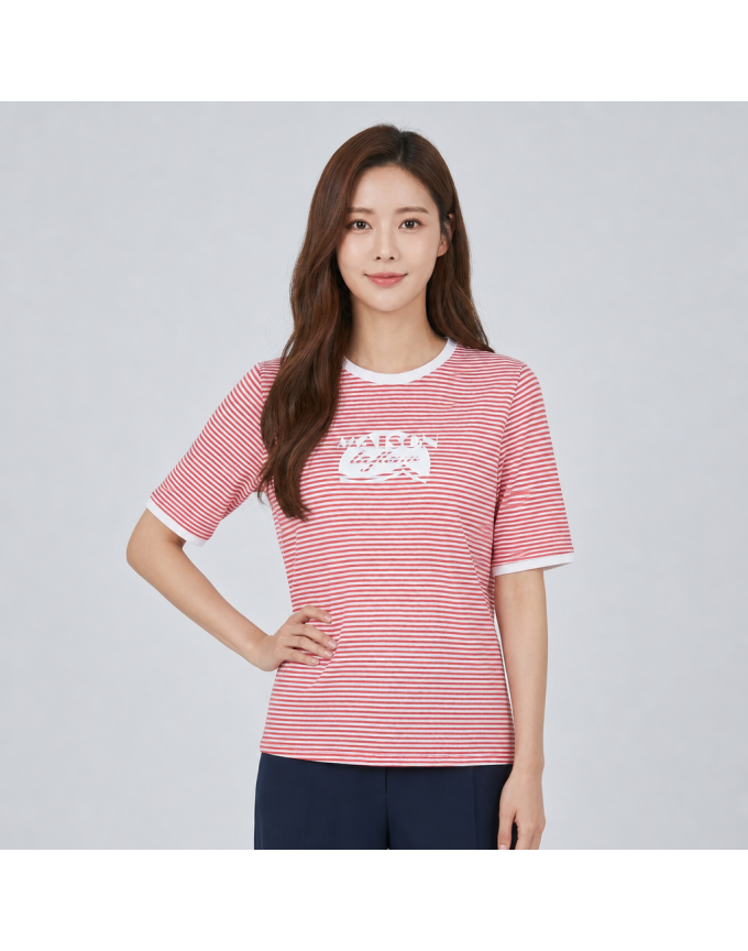 [올포유] 여성 스트라이프 프린트 라운드 반팔 티셔츠 ALTRN5146-500